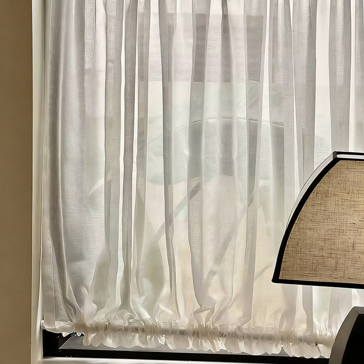 Hugmoom French Cafe Curtains – Close-up of Premium Sheer Linen Look Fabric with Ruffle Trim (US, UK, EU)
