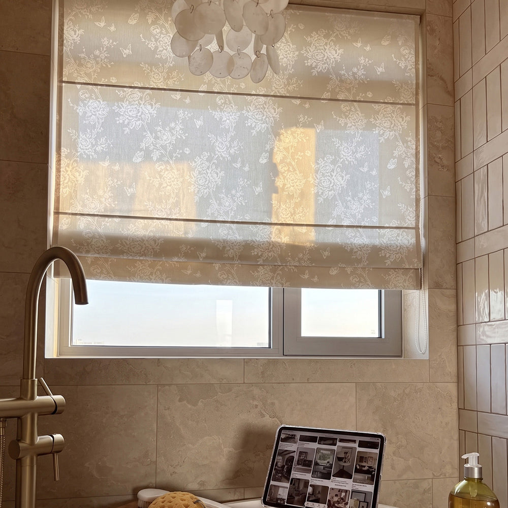 Hugmoom French Romantic Rose Cutout Pattern Roman Shade Custom Floral Window Blind Farmhouse Bathroom USA UK EU