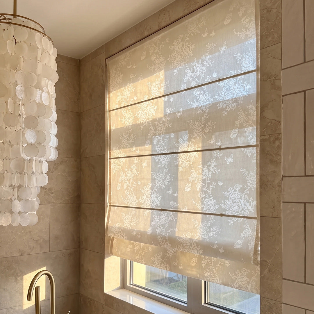 Hugmoom French Romantic Rose Cutout Pattern Roman Shade Beige Floral Custom Roman Blind Luxury Bathroom Window Decor USA Canada EU