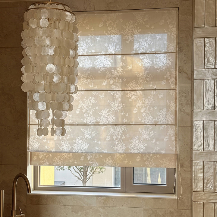 Hugmoom French Romantic Rose Cutout Pattern Roman Shade Beige Floral Custom Roman Blind Luxury Bathroom Window Decor USA Canada EU