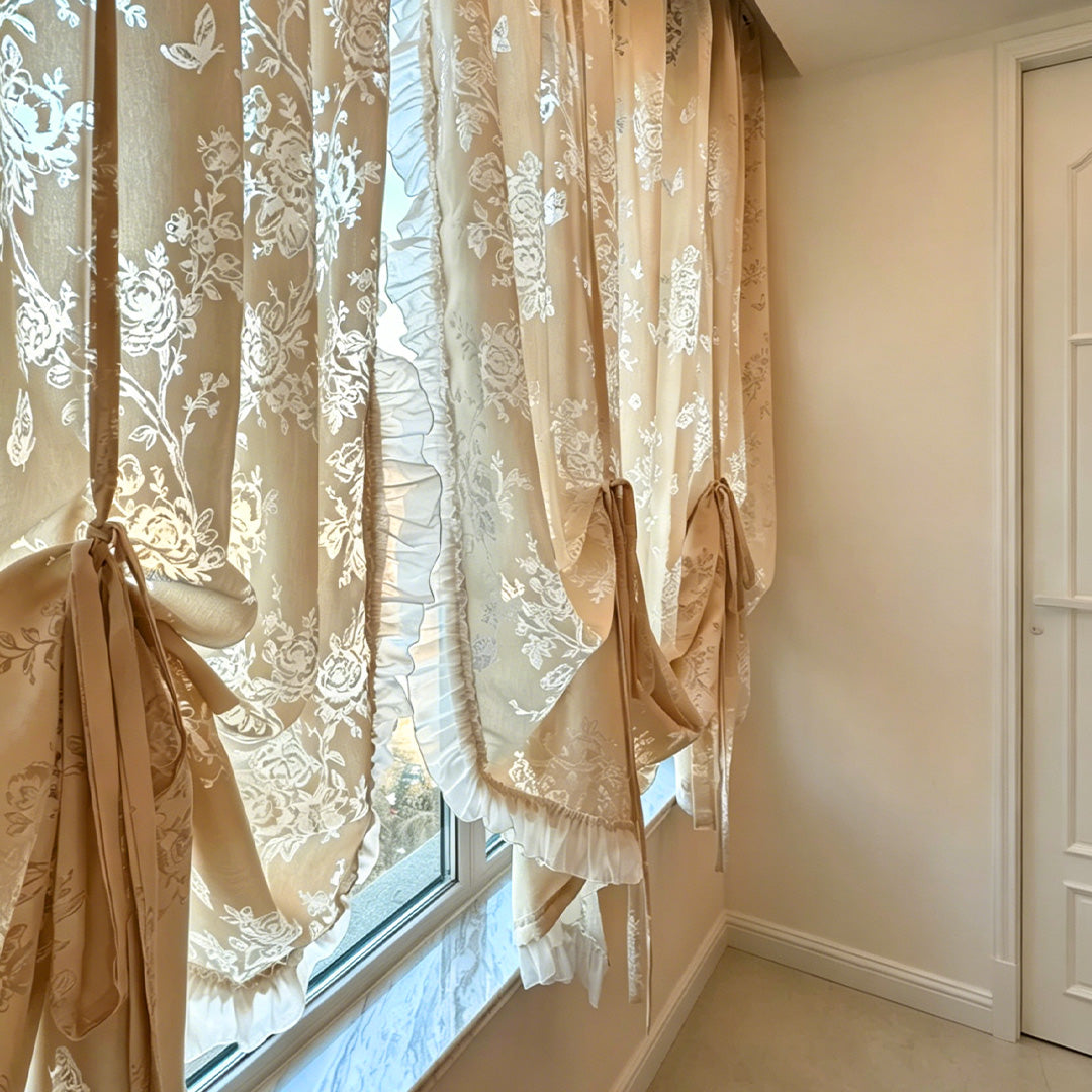 Hugmoom French Romantic Rose Cutout Roman Shade – Tie-Up Style with Ruffled Trim for Cozy Bedrooms (US, UK, EU)