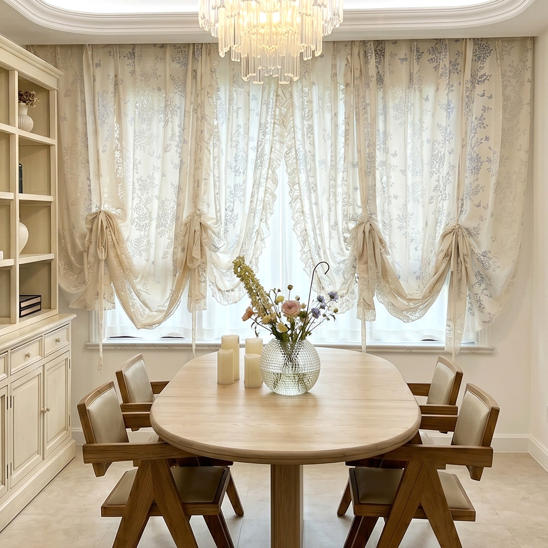Hugmoom French Romantic Rose Cutout Roman Shade – Tie-Up Style Floral Curtains for Elegant Formal Dining Rooms (US, UK, EU)
