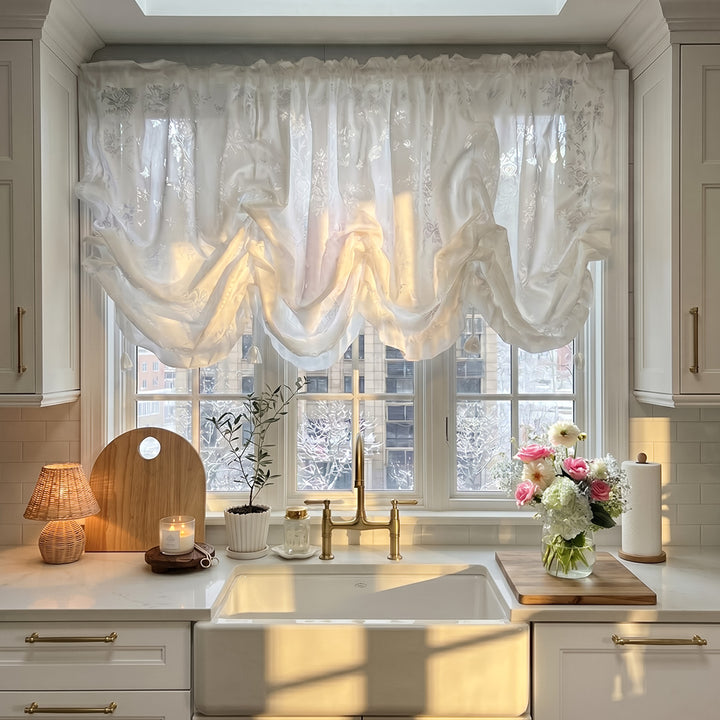 Hugmoom French Romantic Rose Cutout Roman Shade – White Floral Sheer Curtains for Cottage Kitchen Windows (USA, EU)