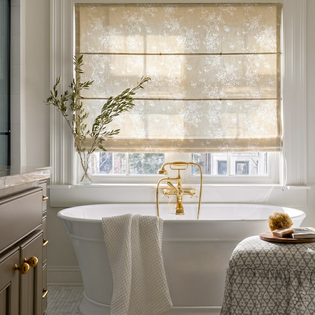 Hugmoom French Romantic Rose Cutout Roman Shade – Sheer Floral Blinds for Luxury Farmhouse Bathrooms (North America, Europe)