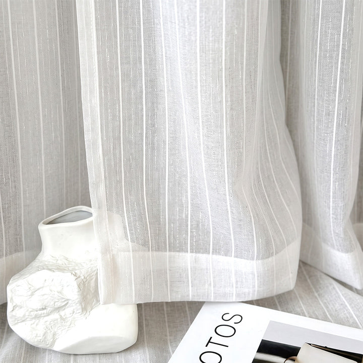 Hugmoom Gauzy Snowflake White Sheer Curtains Vertical Stripe Fabric Texture Closeup Custom Light Filtering Window Sheer USA UK EU
