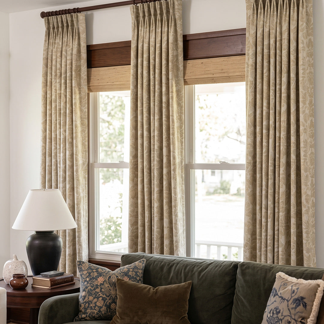 Hugmoom Heritage Botanical Jacquard Linen Blend Curtains, Custom Leaf Motif Drapes, luxury tailored pleated curtains for farmhouse living room