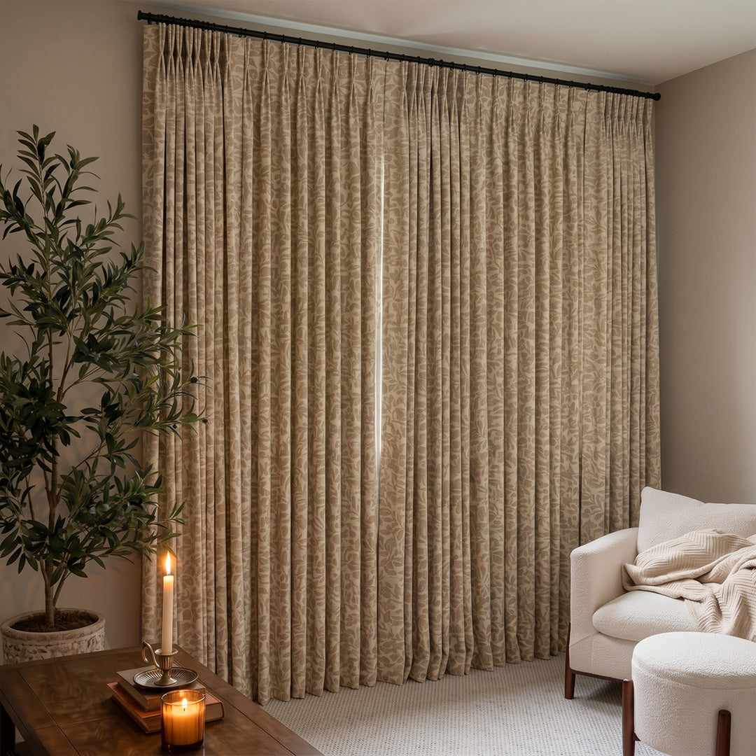 Hugmoom Heritage Leaf Botanical Jacquard Curtains, Custom Linen Blend Drapes, tailored pleated botanical drapes for luxury living room