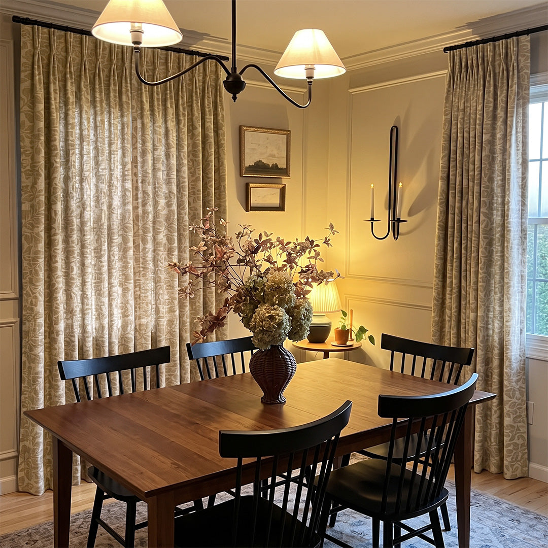 Hugmoom Heritage Leaf Botanical Jacquard Drapes, Custom Linen Blend Curtains, high-end pleated curtains for traditional dining room