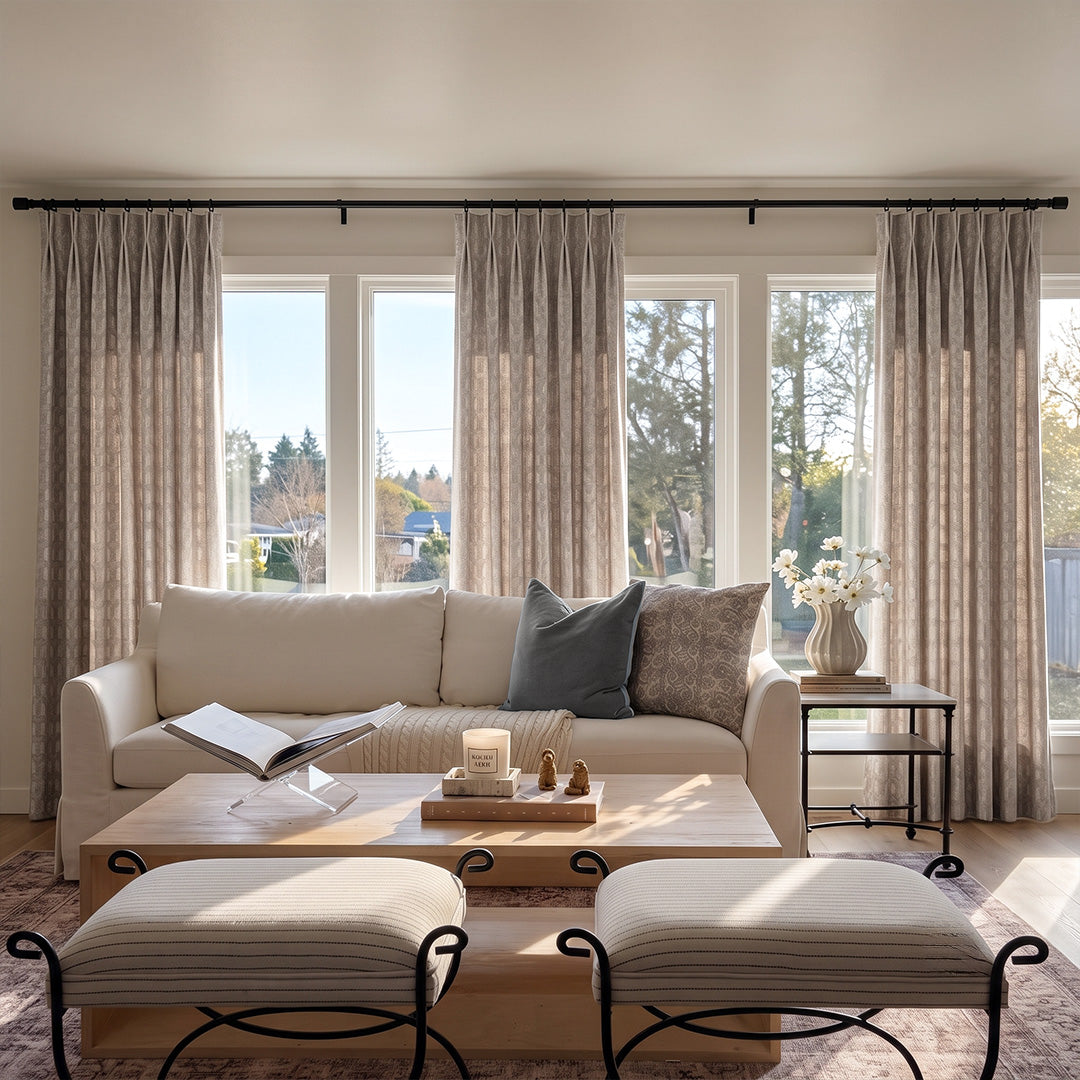Hugmoom Jacquard Satin Curtains – Custom Exclusive Tone On Tone Arch Pattern Drapes for Bright Minimalist Family Living Rooms (North America, Europe)