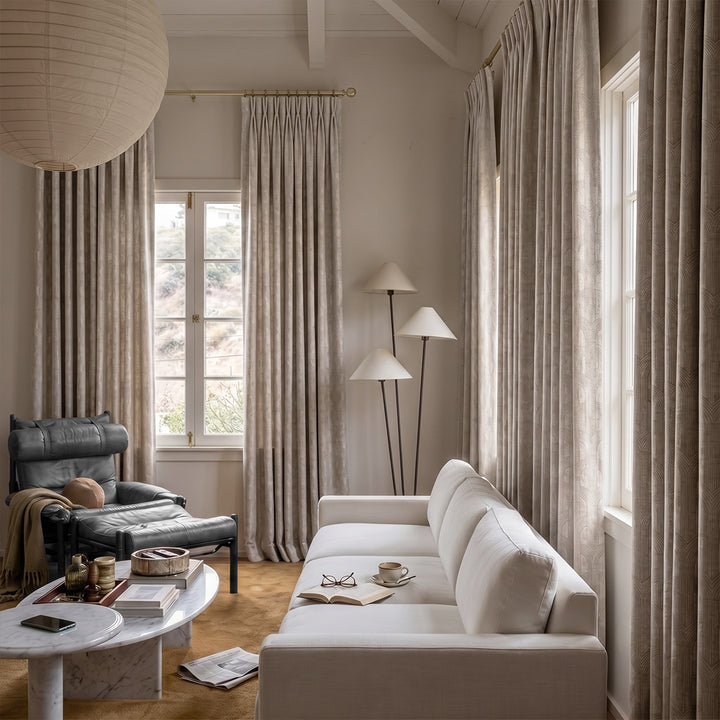 Hugmoom Jacquard Satin Curtains – Custom Exclusive Tone On Tone Arch Pattern Drapes for Warm Wabi-Sabi Luxury Urban Living Rooms (North America, Europe)