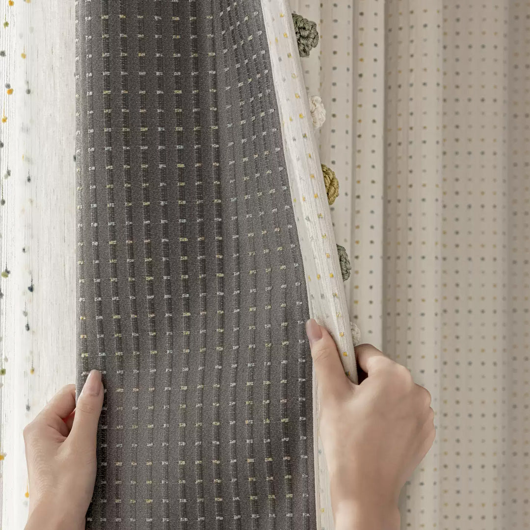 Hugmoom Kids Blackout Curtains With Valance, Fabric Close-Up of Grid &amp; Sheer Combo, Premium Quality Textured Fabric