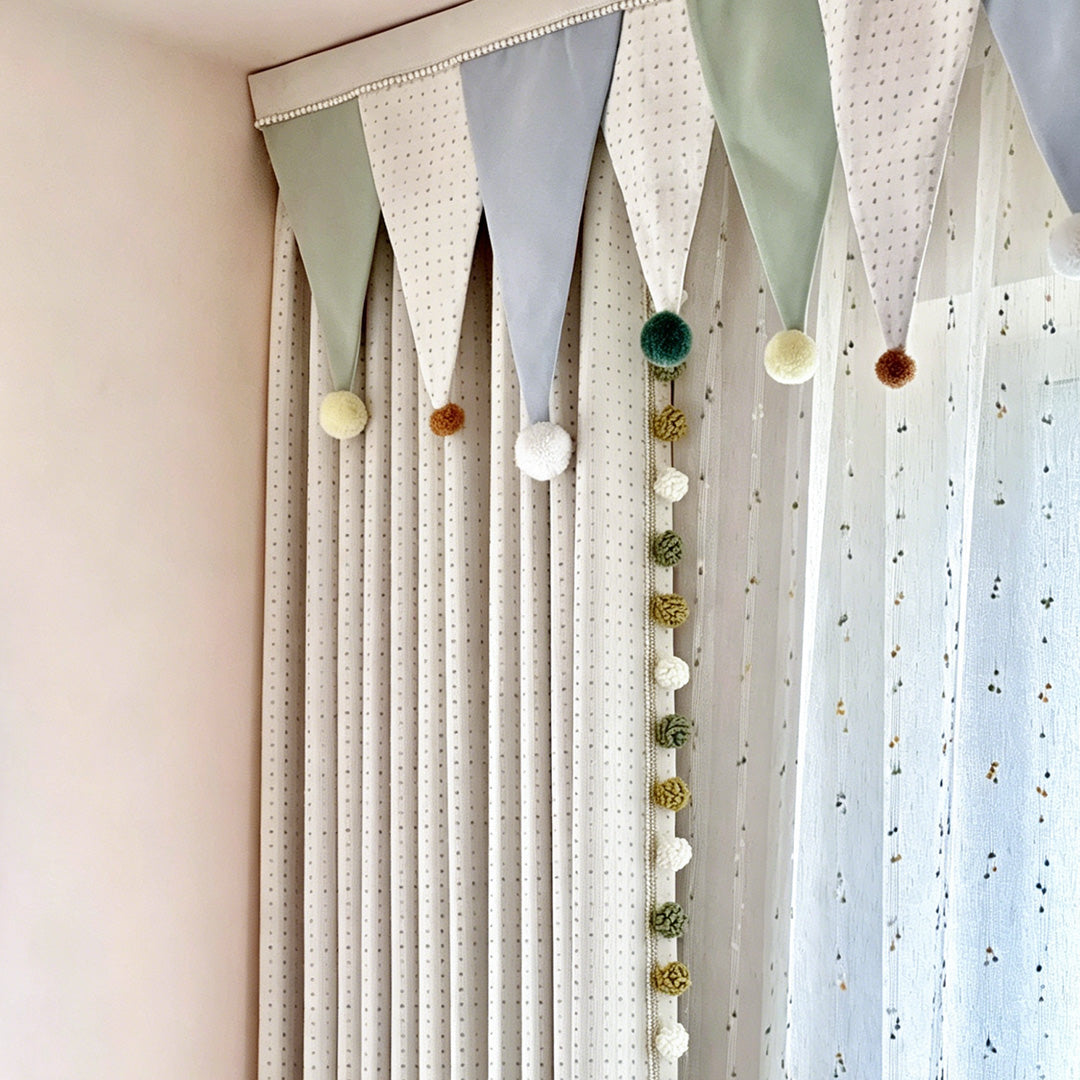 Hugmoom Kids Curtain Valance Close-Up, Bunting with Pom Poms, Matching Polka Dot Blackout &amp; Sheer Curtains