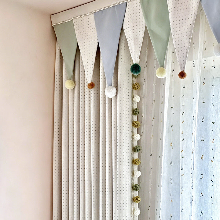 Hugmoom Kids Curtain Valance Close-Up, Bunting with Pom Poms, Matching Polka Dot Blackout &amp; Sheer Curtains