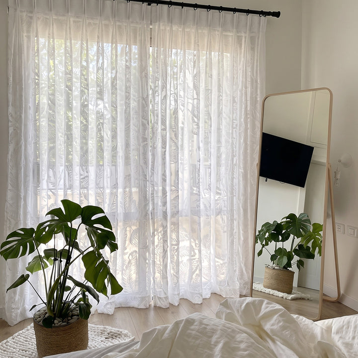 Hugmoom Leaf Pattern Sheer Curtains Embossed White 3D Leaf Voile Custom Sheers Modern Minimalist Bedroom North America Europe