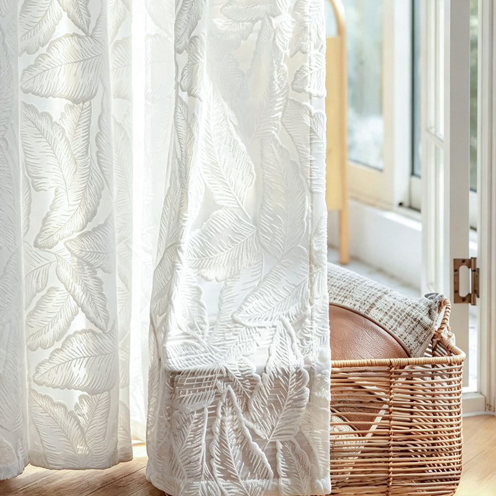Hugmoom Leaf Pattern Sheer Curtains Embossed 3D Textured Leaf Voile Light Filtering Custom Drapes Closeup Fabric Shot Farmhouse Home USA UK EU