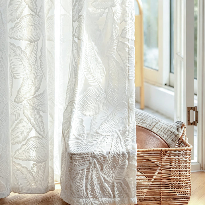 Hugmoom Leaf Pattern Sheer Curtains Embossed 3D Textured Leaf Voile Light Filtering Custom Drapes Closeup Fabric Shot Farmhouse Home USA UK EU