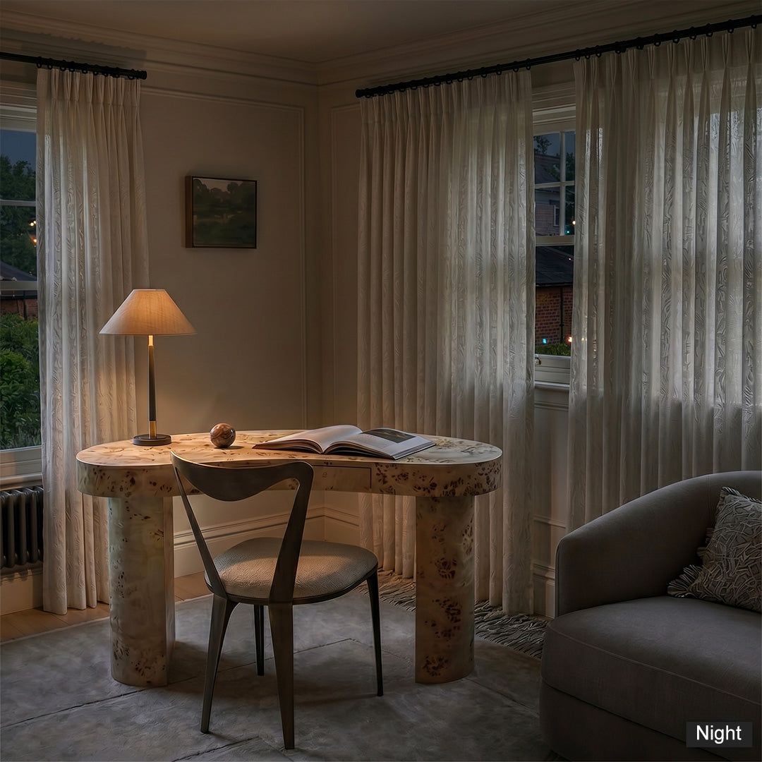 Hugmoom Leaf Sheer Curtains at Night, Soft Light Diffusion, Cozy Home Office with Warm Lighting, White Leaf Pattern Sheer Drapes