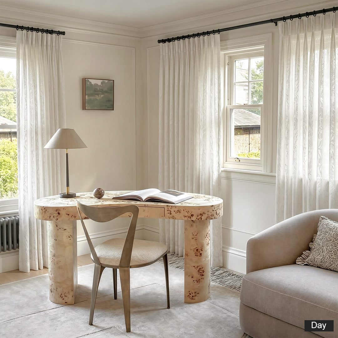 Hugmoom Leaf Sheer Curtains, Soft Light Filtering, Pinch Pleat Design, Daytime Open View in Bright Neutral Home Office