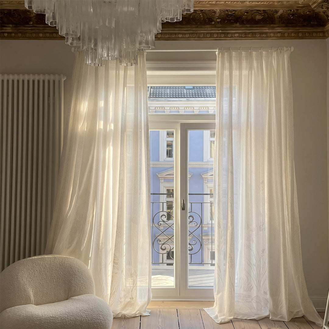 Hugmoom Light Filtering Floral Jacquard Sheers – Airy Neutral Drapes for Bright Parisian Apartment Living Rooms (USA, Canada, EU)