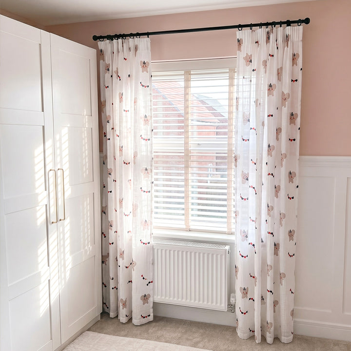 Hugmoom Light Filtering Kids Sheer Curtains, Cute Elephant Print, Custom Pinch Pleat Design in Pink Nursery
