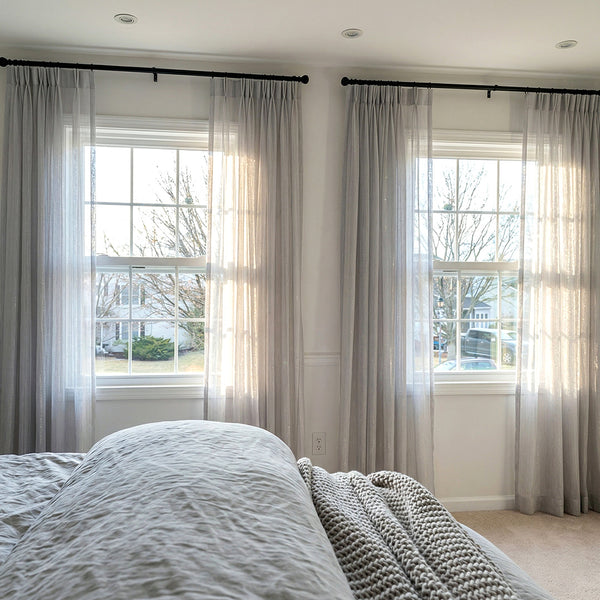 Hugmoom Light Gray Semi Sheer Curtains With Flowing Yarn, Luxury Pinch Pleat Sheer Drapes for Bedroom, Custom Size Light Filtering Curtains for Deep Sleep, Elegant Window Treatments for American Home