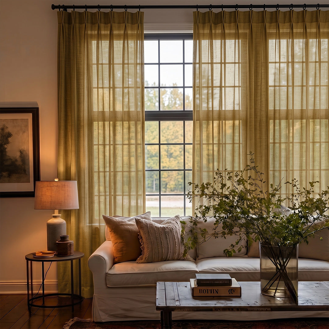 Hugmoom Linen Blend Curtains Natural Style Olive Yellow Linen Sheer Drapes Cozy Modern Living Room USA Canada EU
