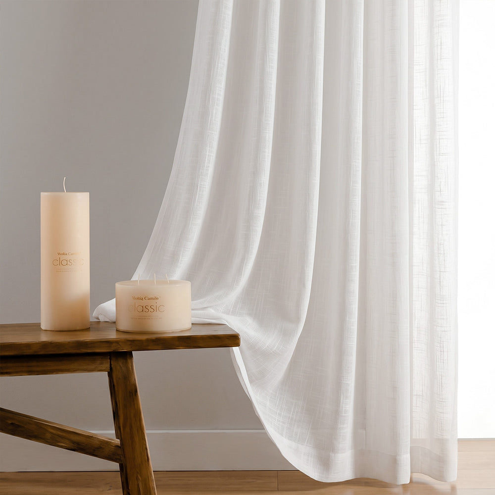 Hugmoom Linen Blend Curtains Natural Style Pure White Linen Sheer Curtain Fabric Texture Close-Up Shot North America Europe