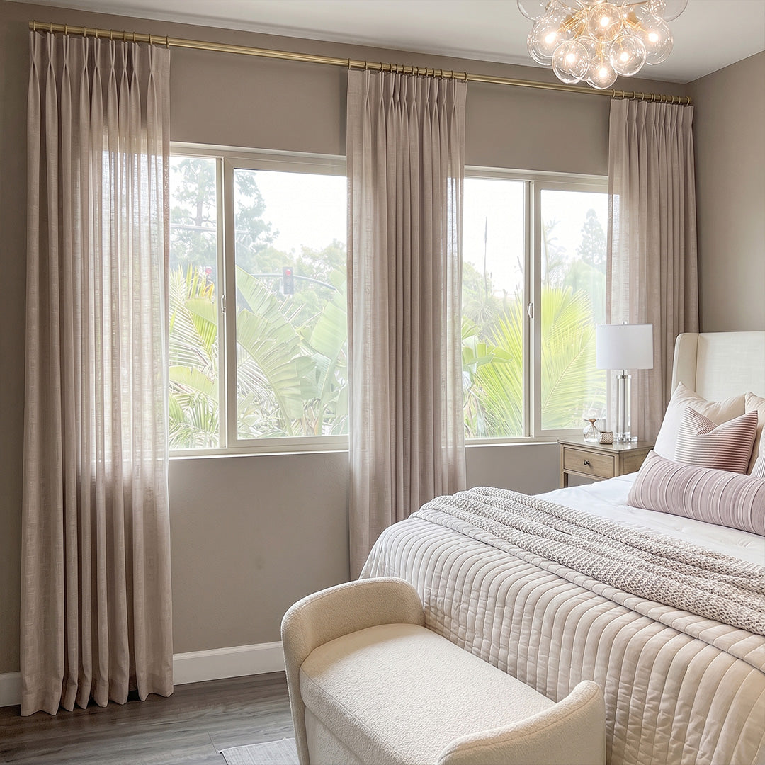 Hugmoom Linen Blend Curtains Natural Style Light Taupe Pinch Pleat Linen Drapes Luxury Primary Bedroom USA UK EU