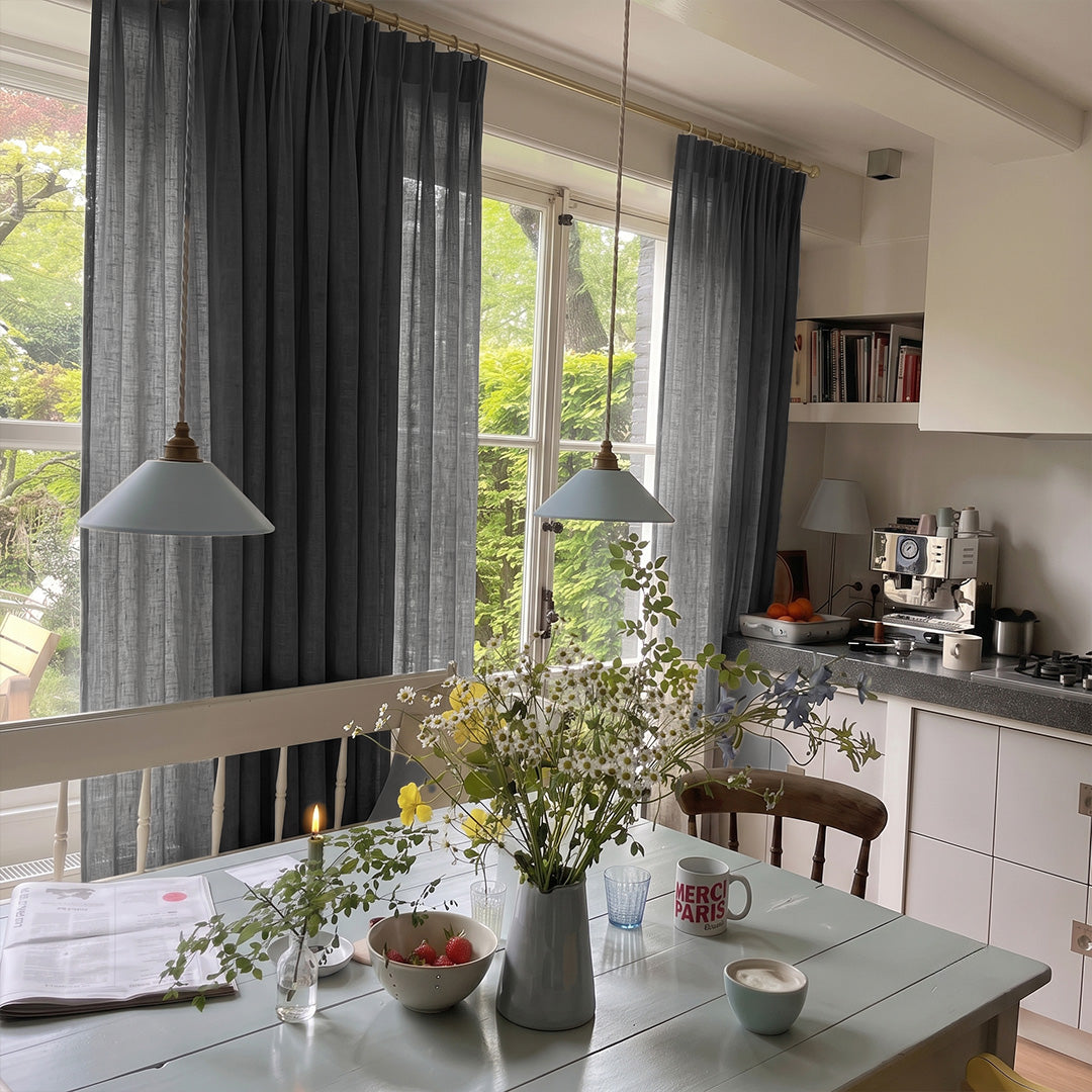 Hugmoom Linen Blend Curtains Natural Style Dark Grey Semi Sheer Curtains Scandinavian Kitchen Dining Space North America Europe