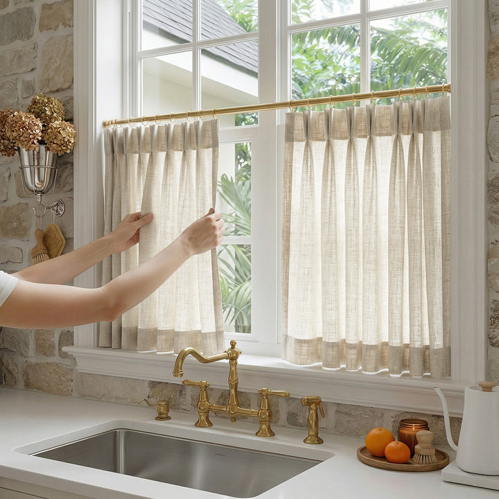Hugmoom Linen Cafe Curtains – Easy-Install Custom Drapes for Stone-Wall Kitchens (North America, Europe)