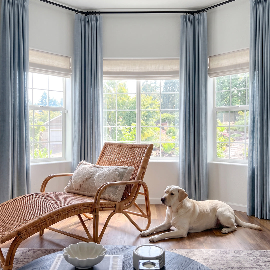 Hugmoom Linen Curtains with Soft Grey Celadon Tones Custom Pinch Pleat Window Drapes Bay Window Farmhouse Living Room USA UK EU