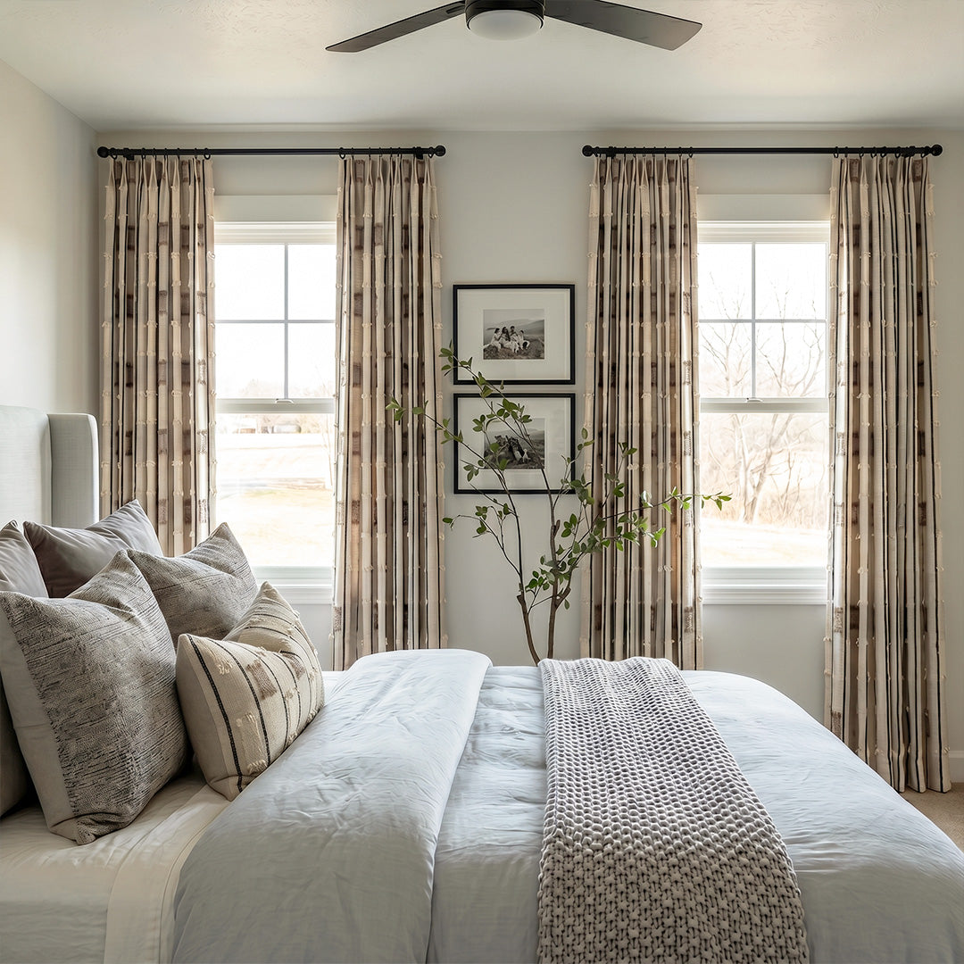 Hugmoom Modern Farmhouse Curtains, Striped Textured with Tassel Fringe, Custom Boho Chic Drapes in Organic Modern Bedroom