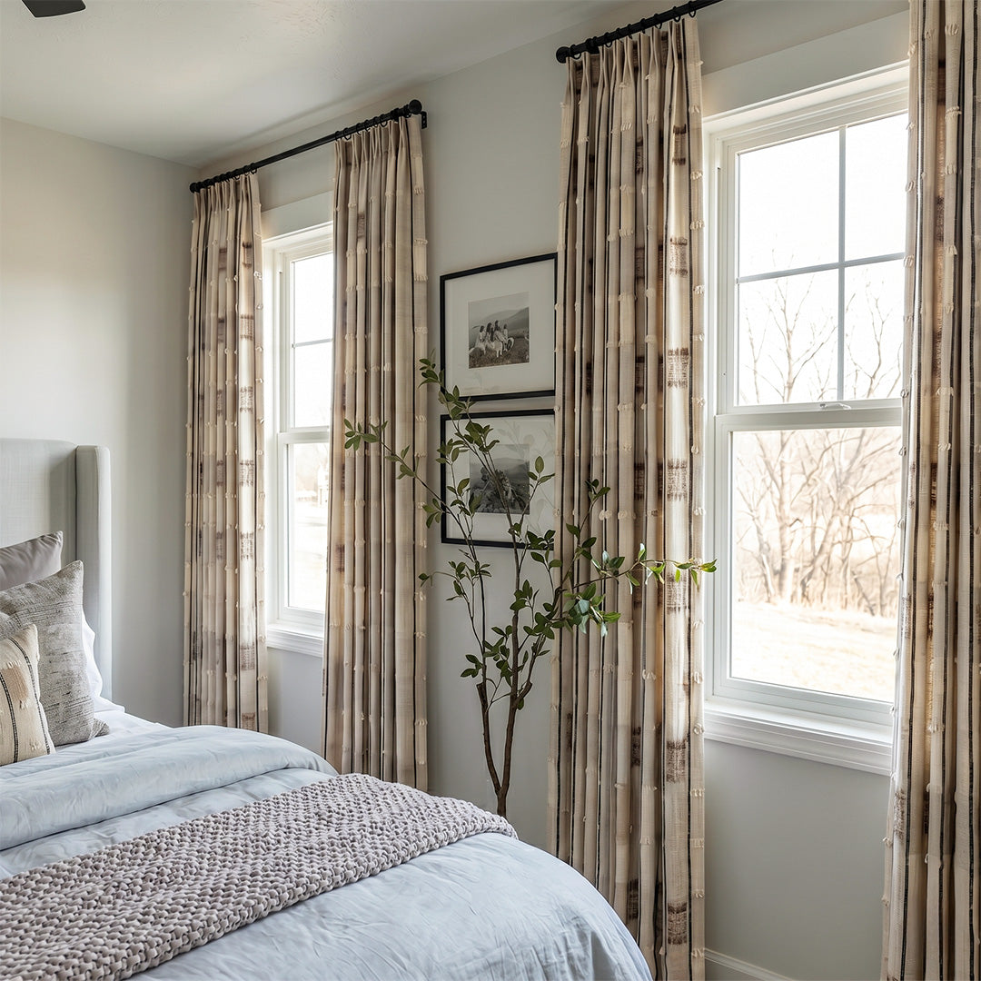 Hugmoom Modern Farmhouse Curtains, Textured Tassel Fringe Drapes, Earth Tone Geometric Pattern in Cozy Neutral Bedroom