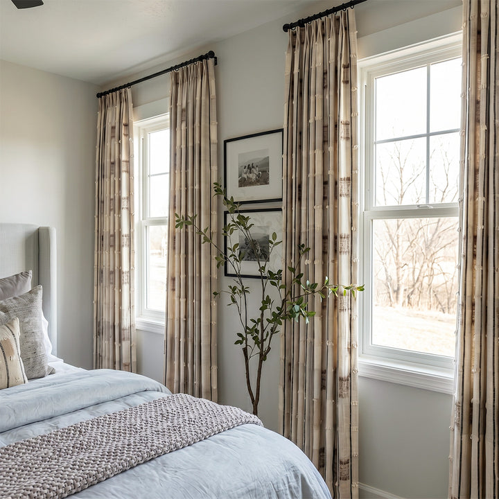 Hugmoom Modern Farmhouse Curtains, Textured Tassel Fringe Drapes, Earth Tone Geometric Pattern in Cozy Neutral Bedroom