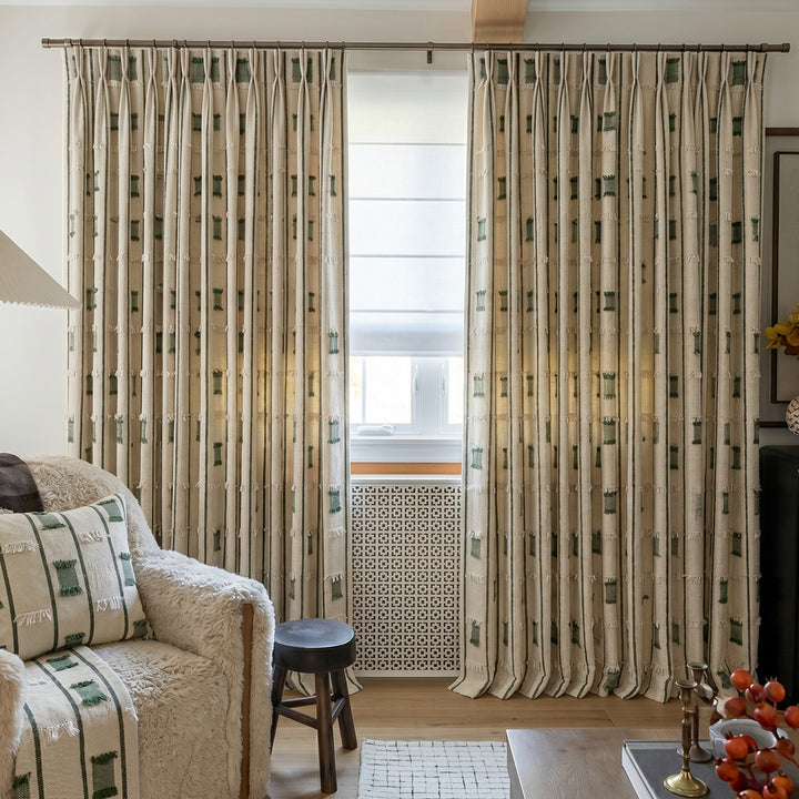 Hugmoom Modern Farmhouse Curtains, Green Geometric Textured with Tassel Fringe, Boho Chic Custom Drapes in Living Room