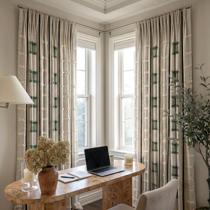 Hugmoom Modern Farmhouse Curtains, Green Striped Textured with Tassel Fringe, Organic Modern Custom Drapes in Home Office