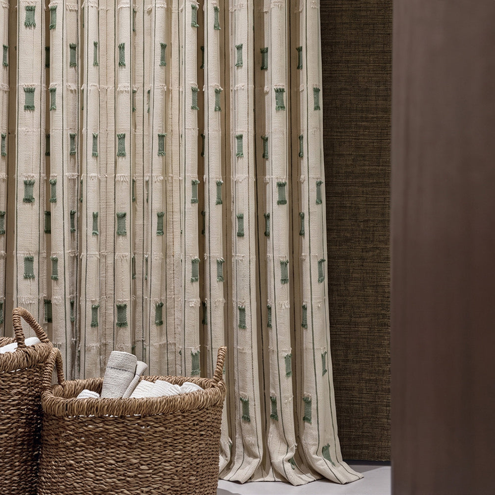 Hugmoom Modern Farmhouse Curtains Textured with Tassel Fringe – Close-Up Sage Green Geometric 3D Tassel Linen Fabric Texture Detail (USA, Canada, EU)