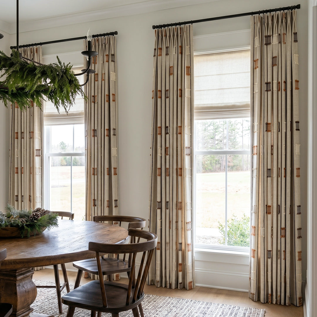 Hugmoom Modern Farmhouse Curtains, Textured Tassel Fringe Drapes, Earth Tone Geometric Design in Bright Dining Room