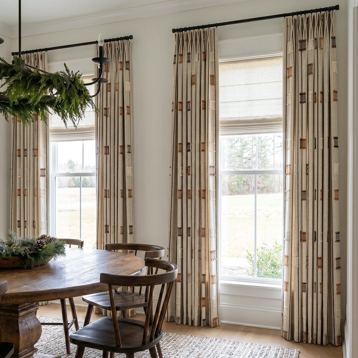 Hugmoom Modern Farmhouse Curtains, Textured Tassel Fringe Drapes, Earth Tone Geometric Design in Bright Dining Room