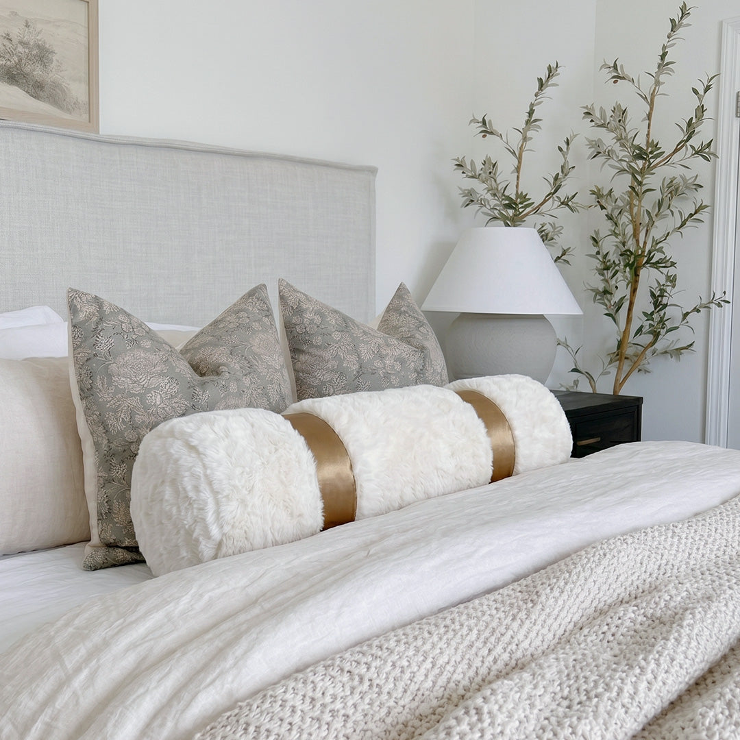 Hugmoom Modern Minimalist Cream Bolster Pillow Cover, Upscale Aesthetic Cylinder Cushion on Neutral Bed with Floral Pillows