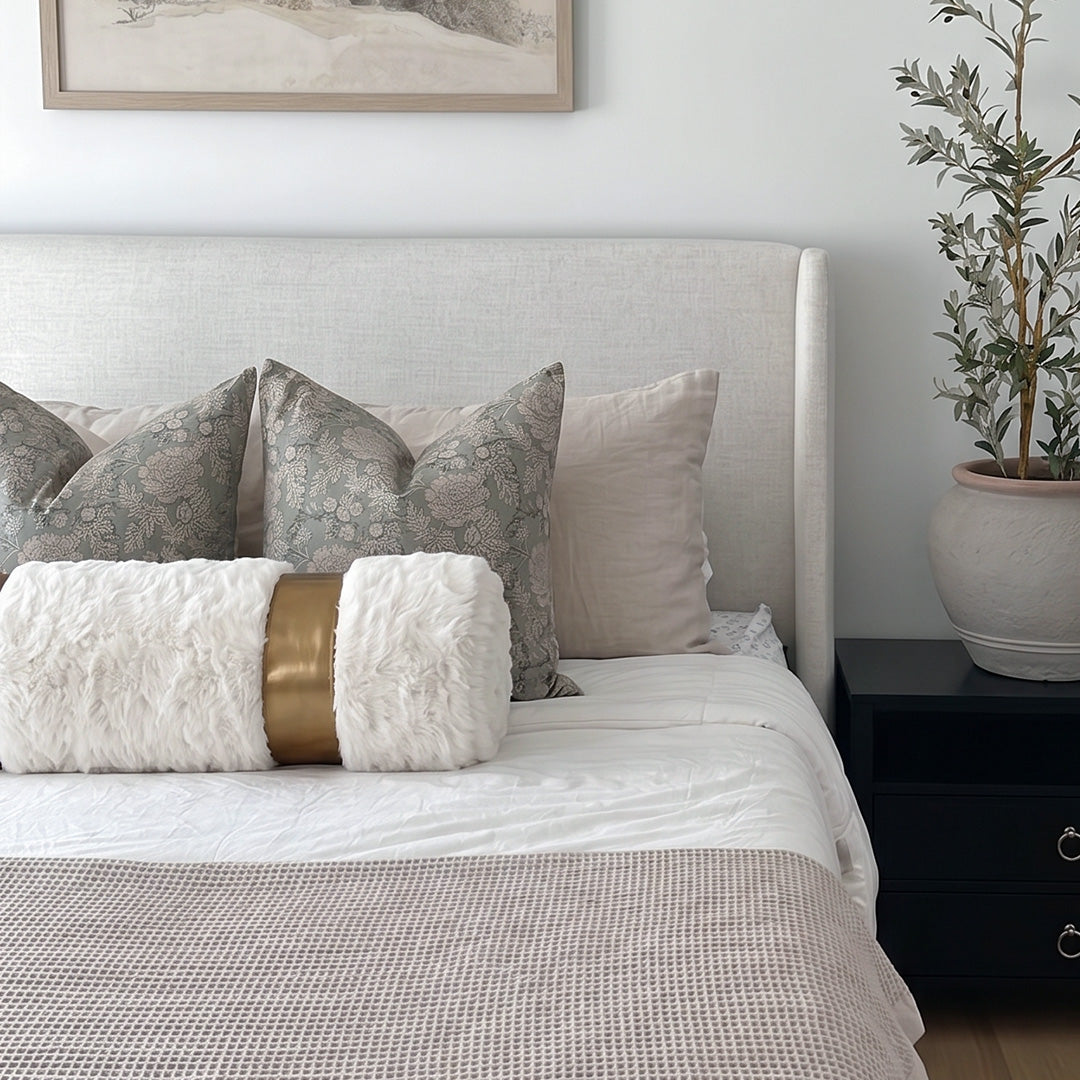 Hugmoom Modern Minimalist Cream Bolster Pillow Cover, 6×24 inch Cylinder Cushion on Neutral Bed with Linen Bedding