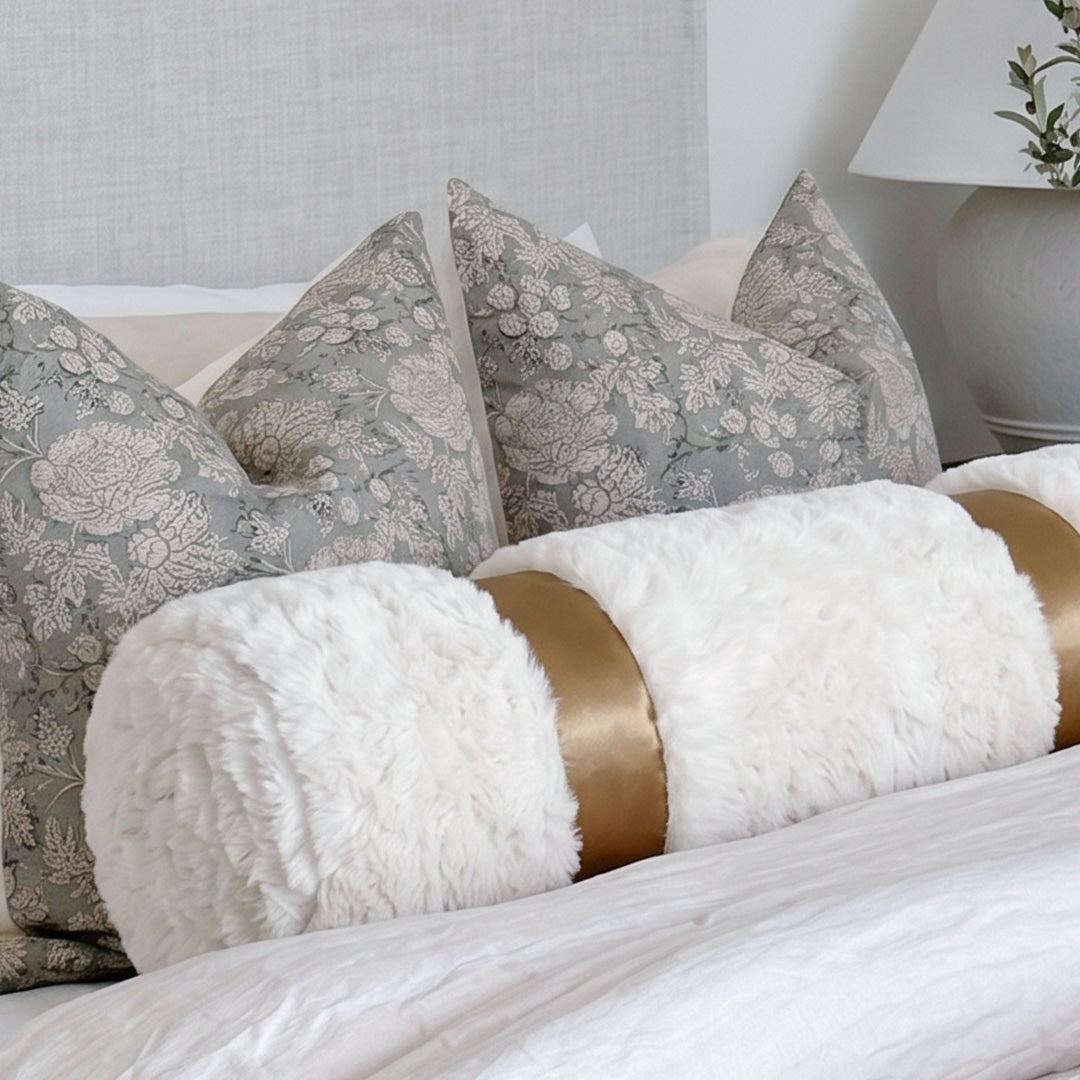 Hugmoom Modern Minimalist Cream Bolster Pillow Cover, Close-Up of Faux Fur &amp; Gold Band Detail on Bed