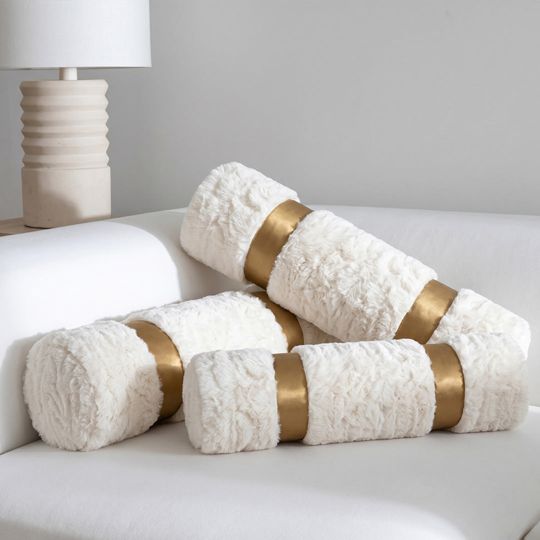 Hugmoom Modern Minimalist Cream Bolster Pillow Covers, Upscale Aesthetic Cylinder Cushion (6×24 inch), Faux Fur with Gold Band on White Sofa