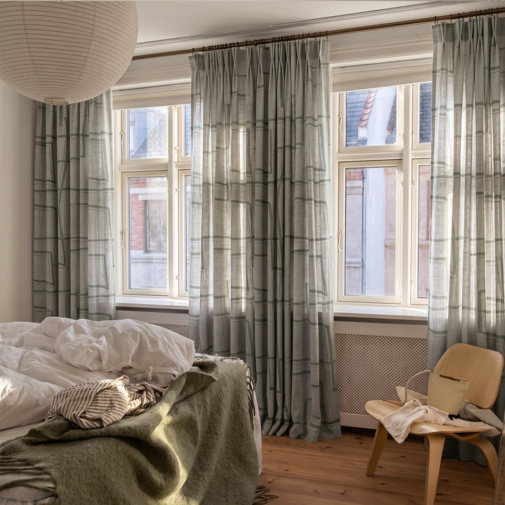 Hugmoom Modern Striped Curtains: Chic Linen Blend for Sleek Modern Interiors Sage Green Linen Blend Custom Curtains Scandinavian Bedroom Northern Europe Denmark
