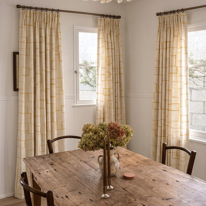 Hugmoom Modern Striped Curtains: Chic Linen Blend for Sleek Modern Interiors Mustard Geometric Pinch Pleat Custom Drapes Farmhouse Dining Room California USA