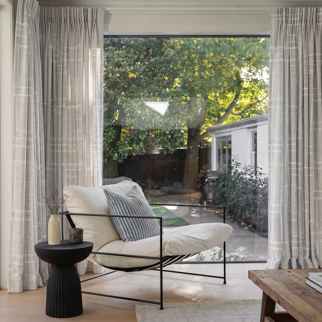 Hugmoom Modern Striped Curtains: Chic Linen Blend for Sleek Modern Interiors Light Grey Linear Pattern Custom Pleated Curtains Modern Living Room Patio View Pacific Northwest USA