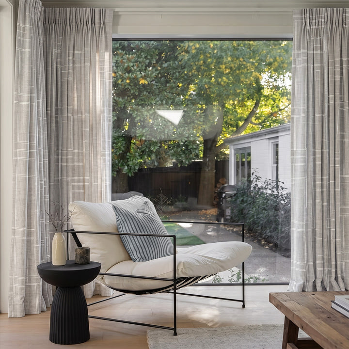Hugmoom Modern Striped Curtains: Chic Linen Blend for Sleek Modern Interiors Light Grey Linear Pattern Custom Pleated Curtains Modern Living Room Patio View Pacific Northwest USA