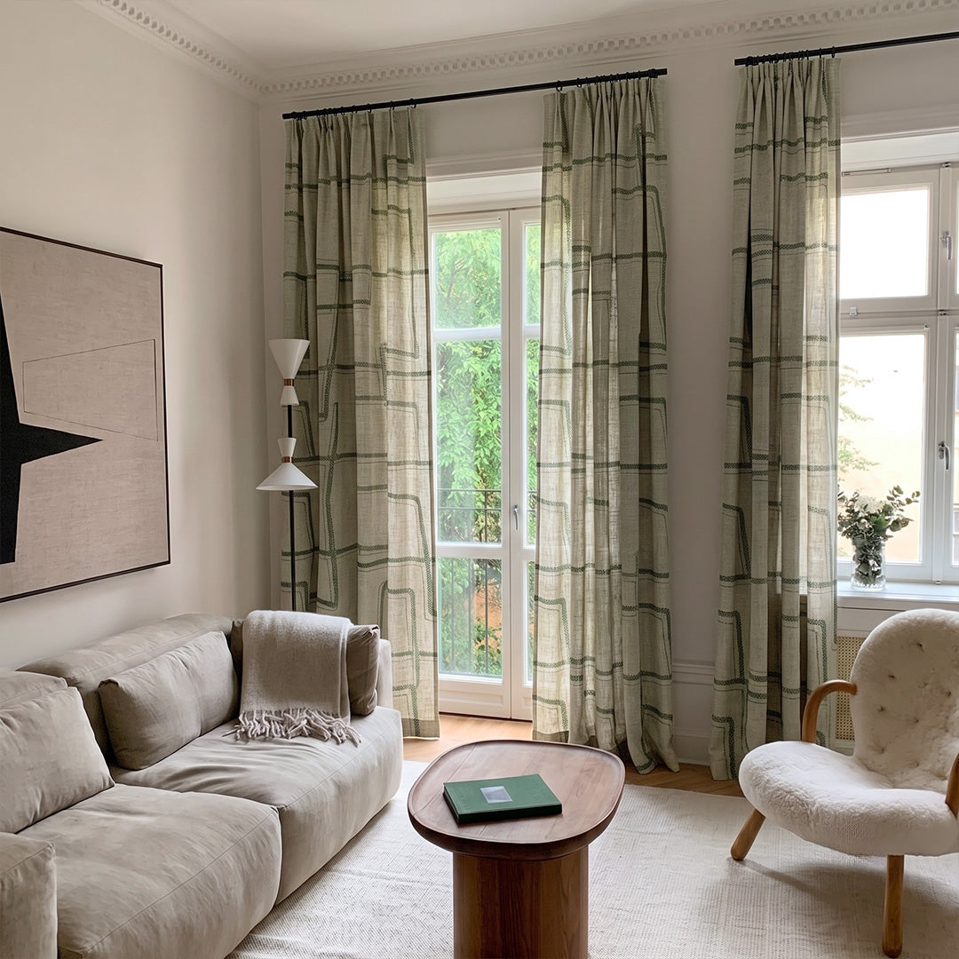 Hugmoom Modern Striped Curtains: Chic Linen Blend for Sleek Modern Interiors Olive Green Striped Custom Floor Drapes Parisian Modern Living Room France EU