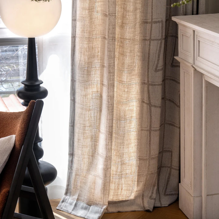 Hugmoom Modern Striped Curtains: Chic Linen Blend for Sleek Modern Interiors Warm Beige Linen Curtain Fabric Texture Close-Up Custom Drape Material EU