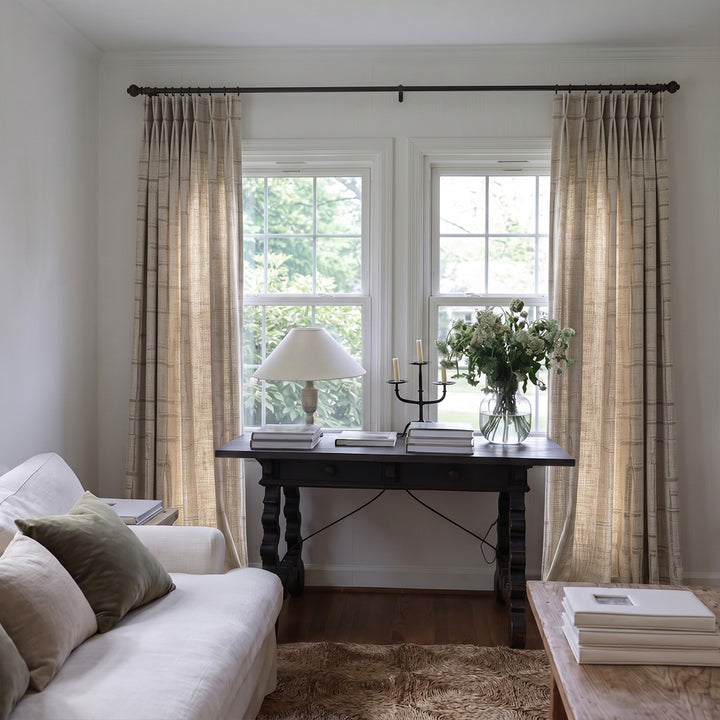 Hugmoom Modern Striped Curtains: Chic Linen Blend for Sleek Modern Interiors Warm Khaki Linen Custom Pleated Curtains Farmhouse Office Virginia USA